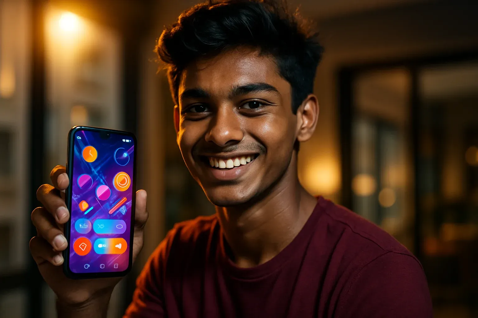 Smiling young Bangladeshi man holding smartphone showing colorful gaming app interface