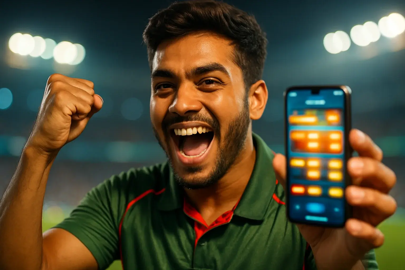 Excited Bangladeshi man cheering, holding smartphone with blurred sports betting interface