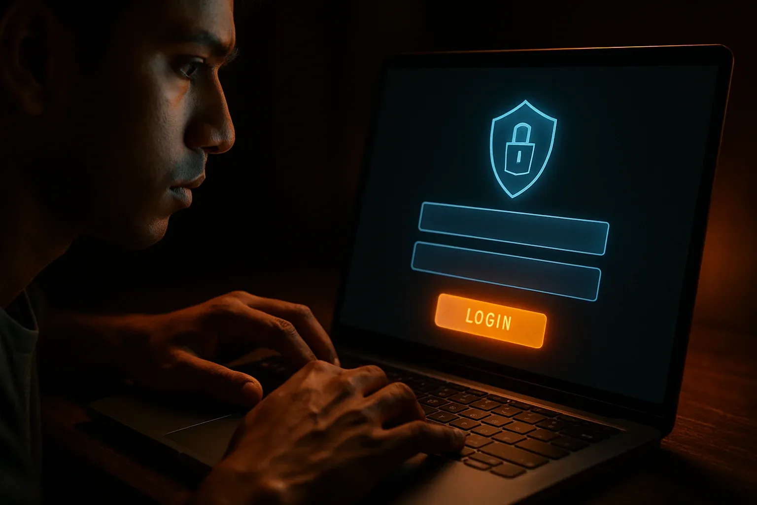 Young Bangladeshi hands on laptop showing stylized sign-in form and glowing button