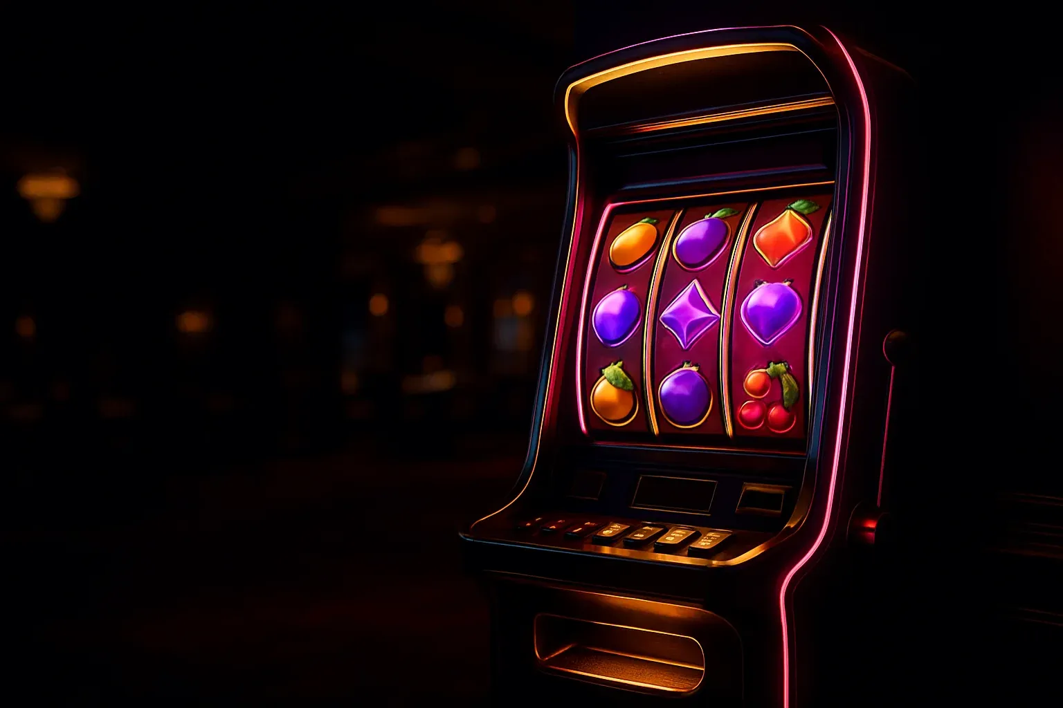 Hyperrealistic wide shot of premium slot machine in dark luxury casino